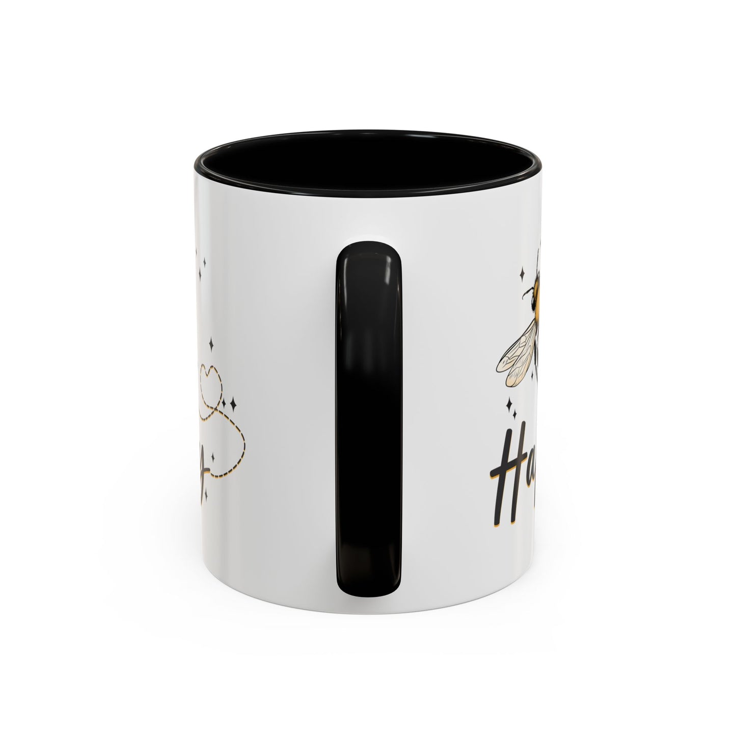 Bee Happy glazed ceramic mug with bee design, soft gold accents, and black handle and inside.
