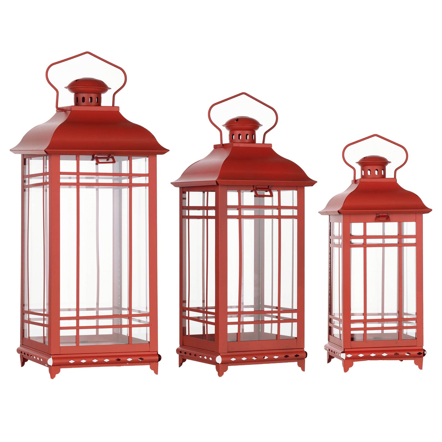 Set of three red metal lanterns with glass panels, classic design, displayed on a wooden surface, ideal for candles or decor.