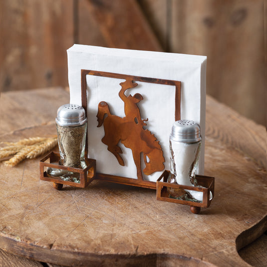 Cowboy-themed salt and pepper shakers shaped like boots with a rustic finish, holding napkins, adding western charm to your table.