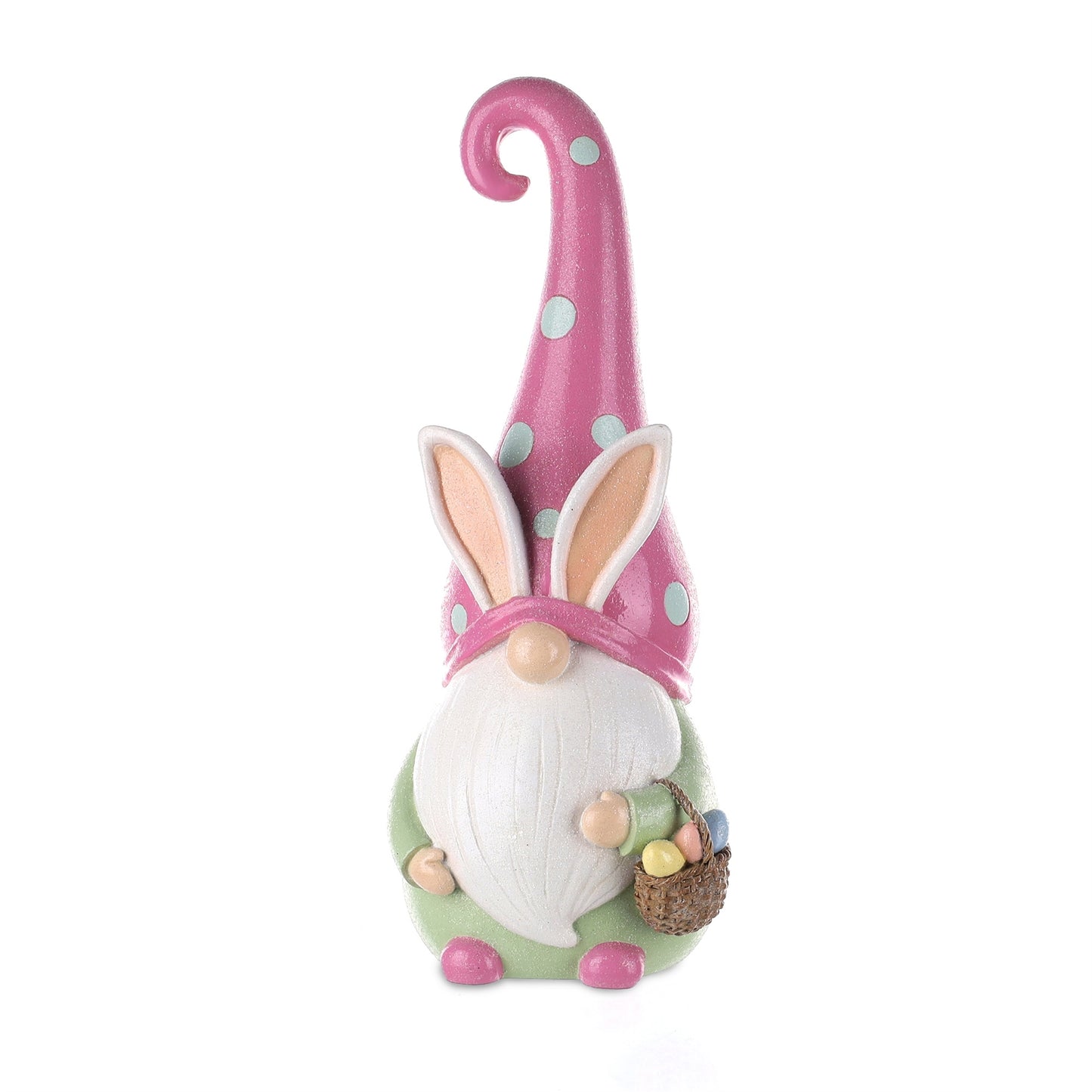Easter Gnome Figurine in pastel pink with a charming basket, crafted from polyresin, perfect for festive spring decor.