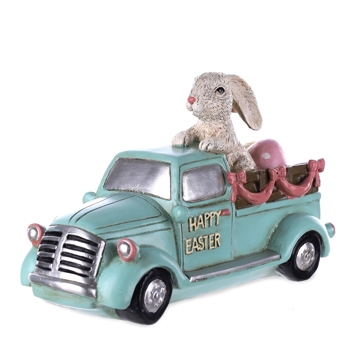 Easter Bunny in a pastel-colored car, crafted from resin, adding a whimsical and colorful touch to home decor.