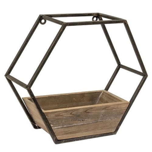 Hexagon-shaped wall planter with a rustic wooden container and light distressing, enhancing vintage elegance in any space.