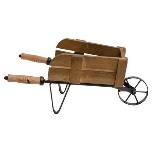 Distressed Garden Wheelbarrow with realistic metal and wood details, perfect for displaying dolls or potted flowers in a garden.