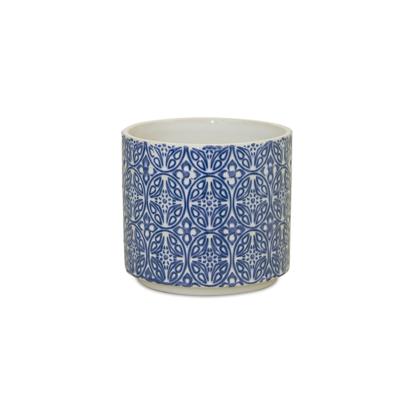 Ceramic pot with blue geometric pattern on a white background