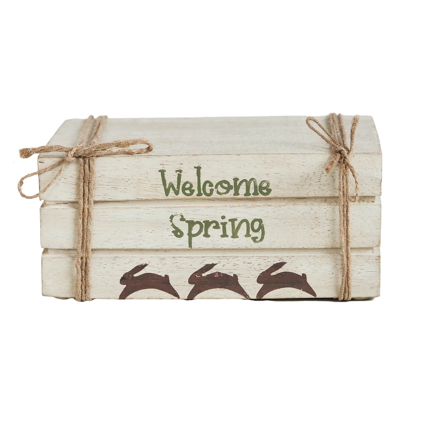 Cream faux book stack decor with Welcome Spring text, hand-painted bunnies, and soft farmhouse spring charm.
