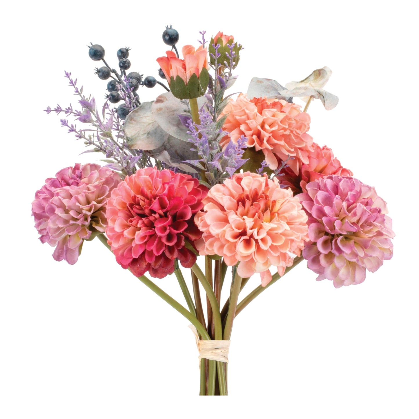 Mixed Zinnia Bouquets with vibrant pink, purple, and green hues in a vase, showcasing lifelike and durable faux floral stems.