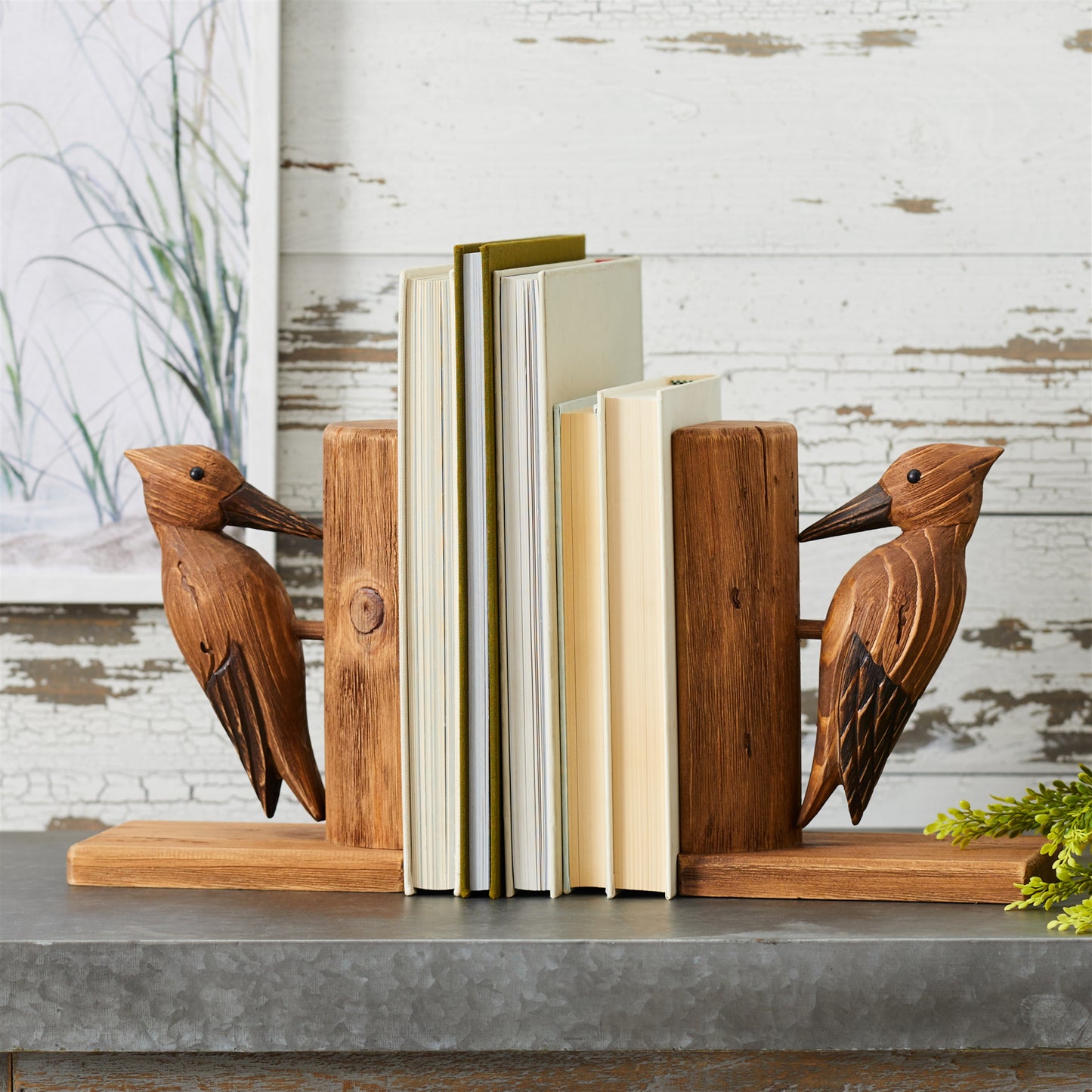 Rustic woodpecker bookends in warm brown wood grain, styled on sturdy bases for cozy farmhouse shelves.