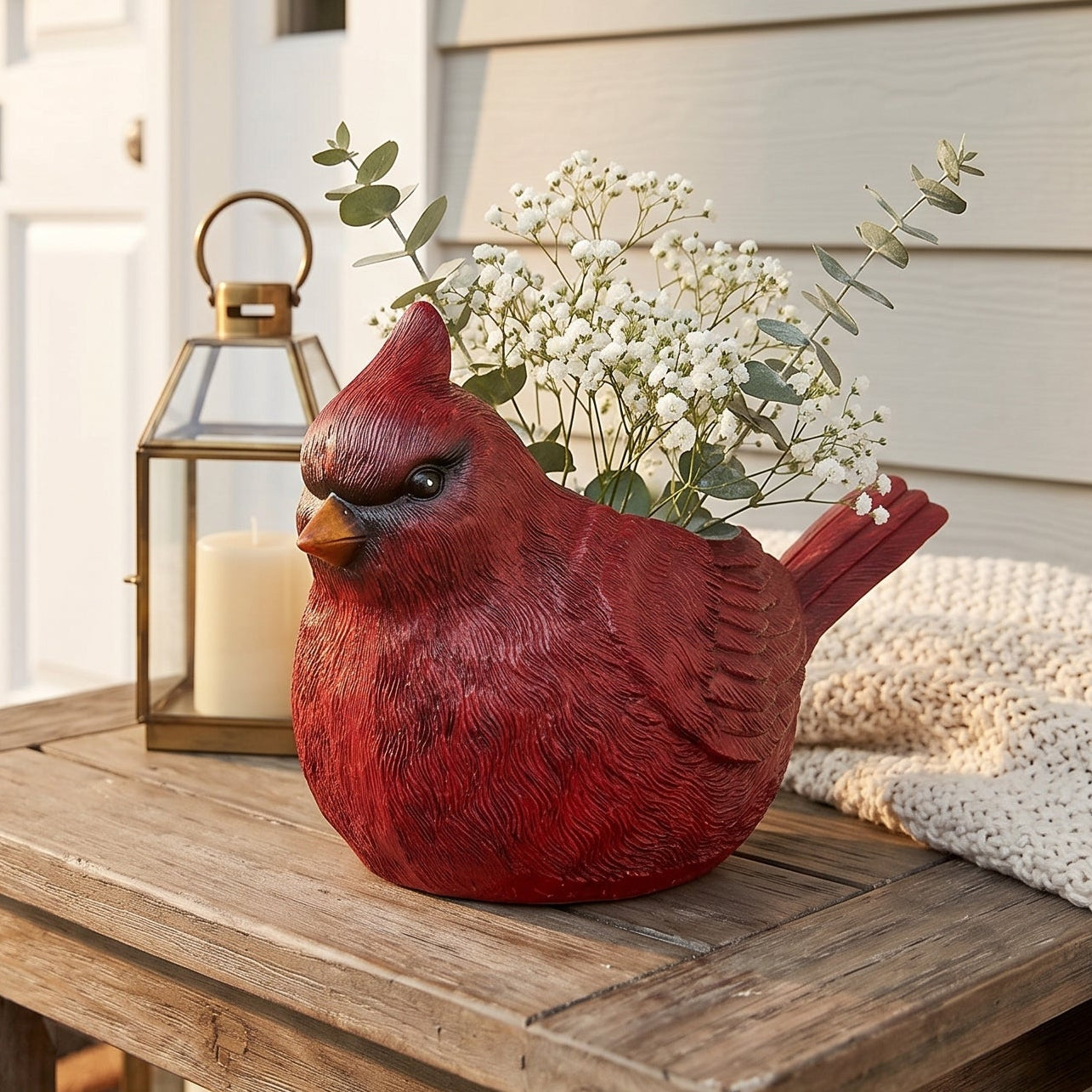 Festive resin cardinal planter with carved detail, hollow design, and flat base for seasonal home decor