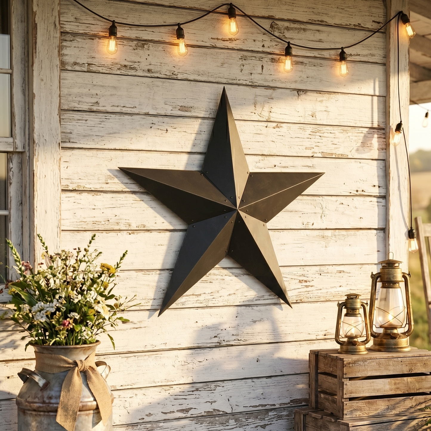 Black metal barn star wall decor with matte textured finish and rustic farmhouse style