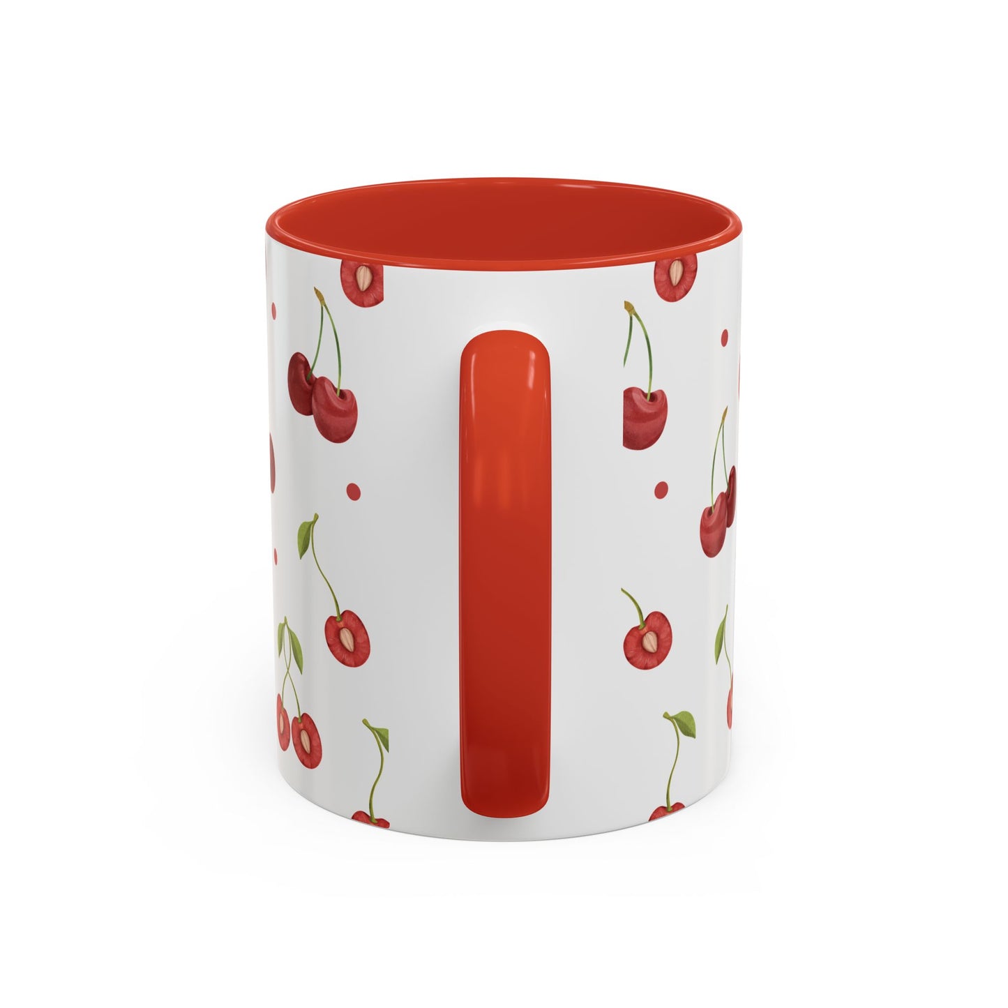 Ceramic mug with cherry motif, dotted accents, glossy finish, red handle and interior, perfect for farmhouse decor.
