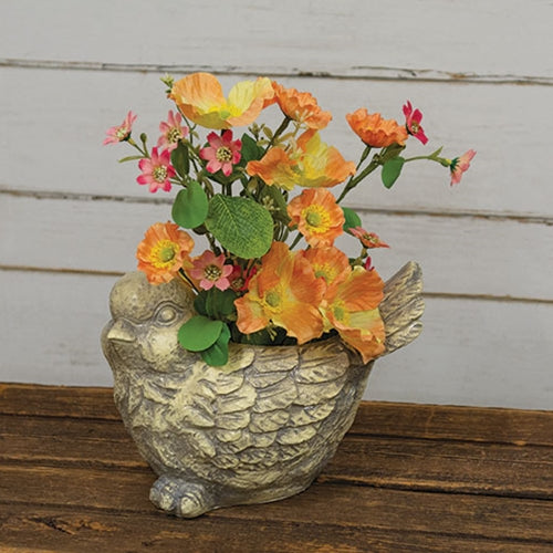 Cream resin bird planter with round cheeks, layered feathers, and gray patina for rustic farmhouse decor.