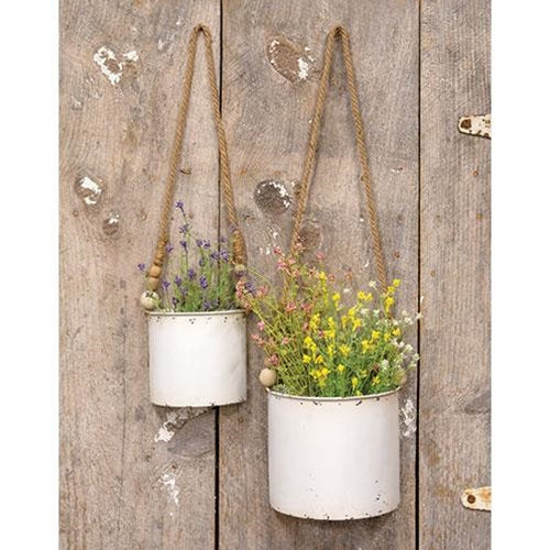 Set of 2 shabby chic white metal half round planters with jute hangers, farmhouse wall or tabletop decor