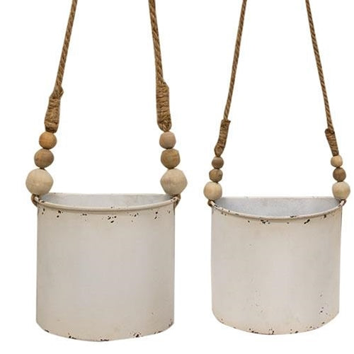 Set of 2 shabby chic white metal half round planters with jute hangers, farmhouse wall or tabletop decor
