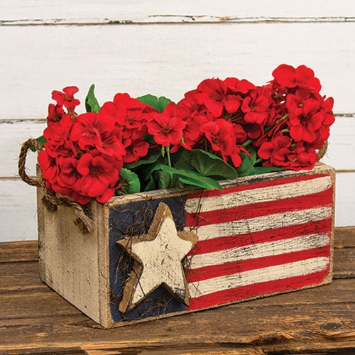 Rustic wood flag box with distressed finish, rope handles, and patriotic Americana design for farmhouse decor