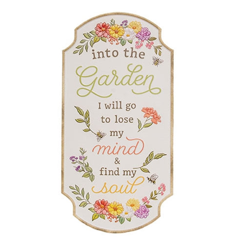 Into the Garden embossed floral metal sign with cream background, brown trim, colorful flowers, and scalloped corners.