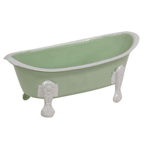 Mint green soap dish with white rim and legs, vintage bathtub design, featuring drainage holes for soap and sponges.