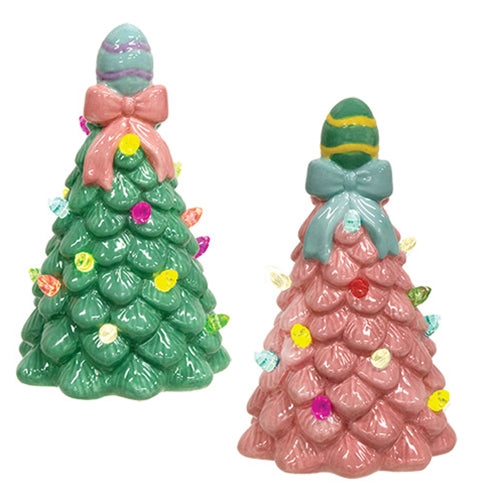 Two ceramic Easter egg LED table trees with textured leaves, pastel bulb lights, one in sage green and the other in medium pink.
