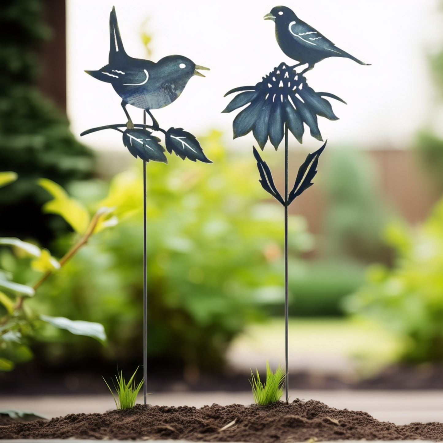 Garden stakes with bird and floral accents in blue and gold, adding a whimsical touch to outdoor spaces. Set of two designs.