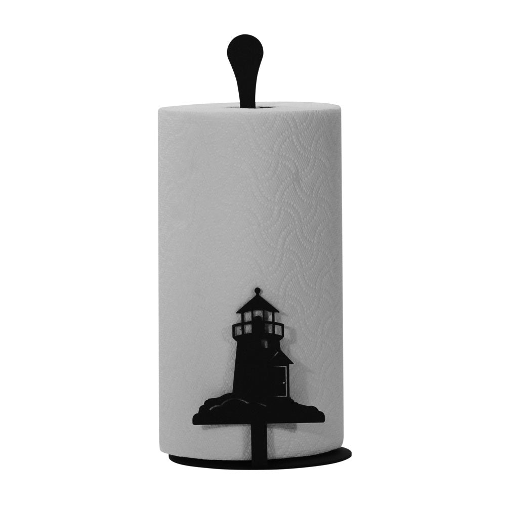 Lighthouse-shaped paper towel stand on a kitchen counter, adding rustic charm and functionality to the space.