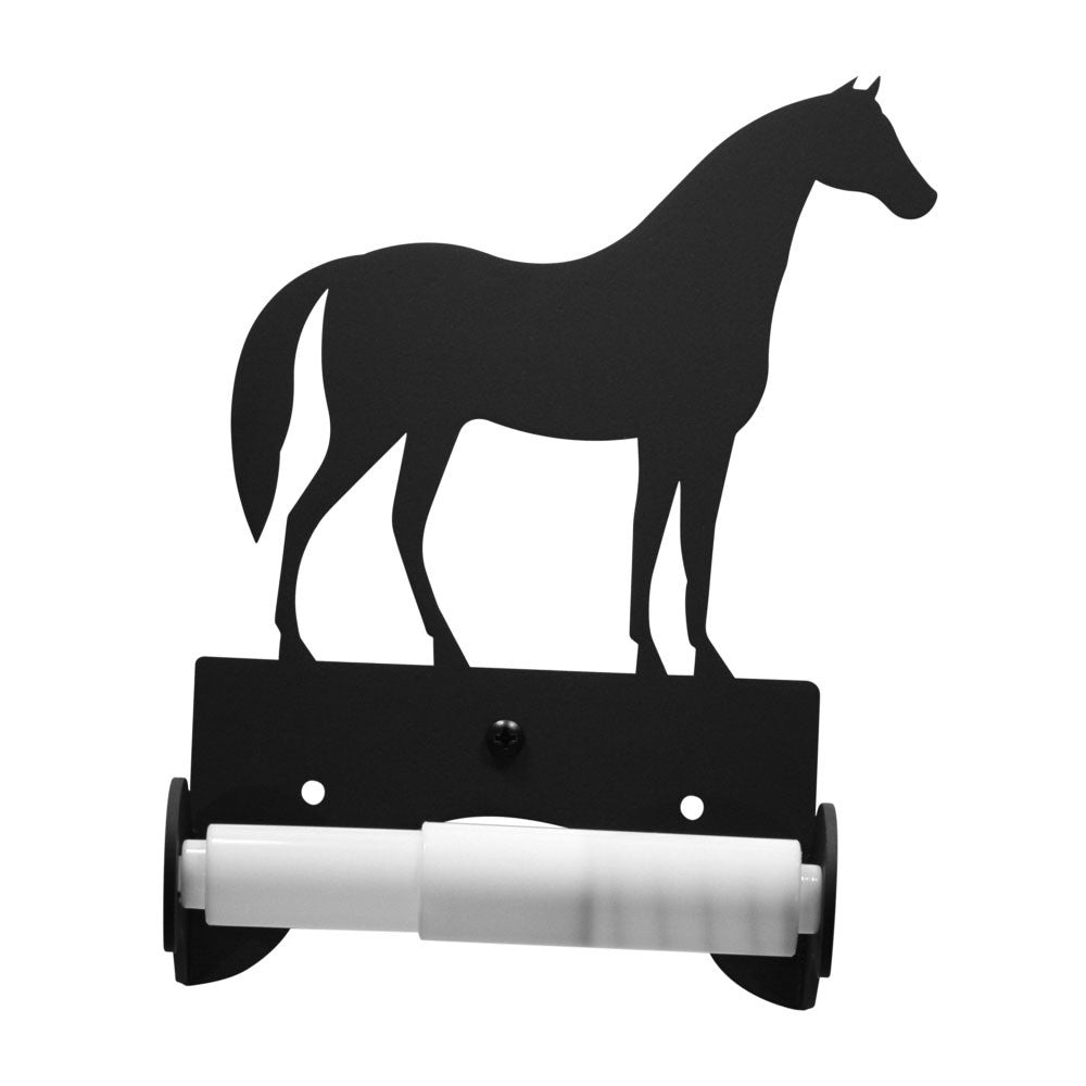 Black wrought iron toilet tissue holder with classic scrollwork, mounted on a bathroom wall, showcasing a farmhouse style.