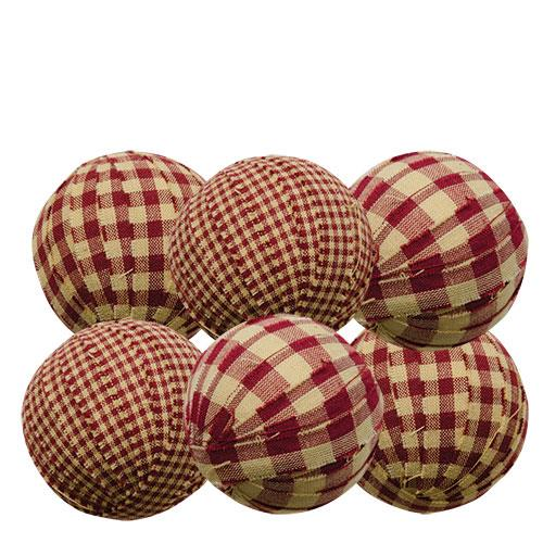 Set of 6 burgundy and tan gingham rag balls for farmhouse decor, rustic bowl filler and cozy country accent.