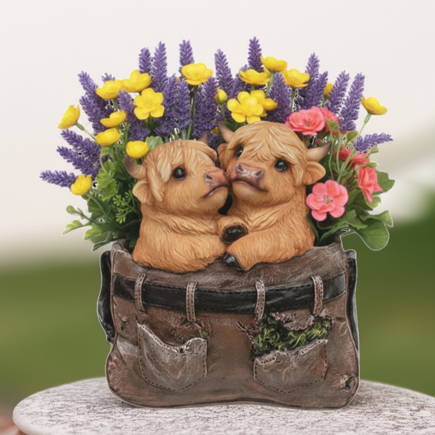 Decorative wall art with two kissing sheep and colorful flowers in a pocket-like container.
