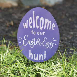 Colorful metal Easter garden stake with painted eggs and flowers, perfect for welcoming guests to your festive egg hunt.