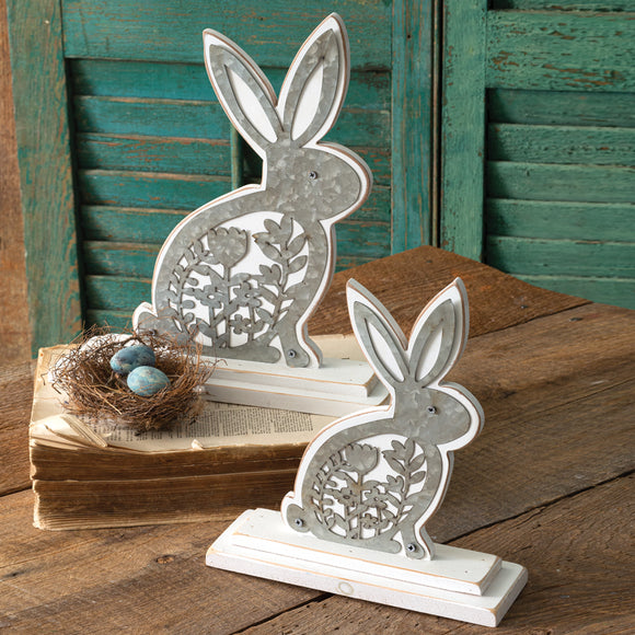 Set of Two Wooden Bunnies with Metal Cutouts - Countryside Home Decor