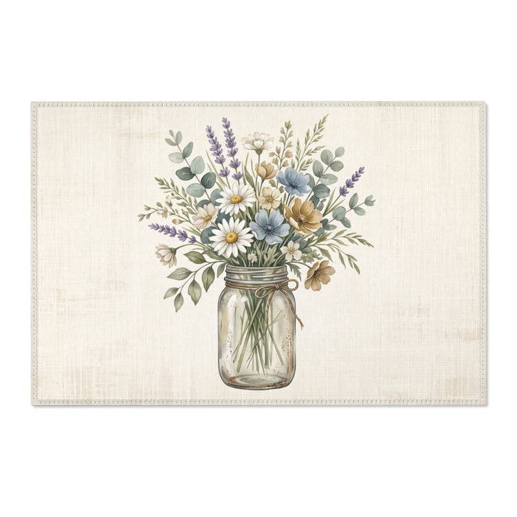 A rectangular cream-colored placemat with a woven texture, featuring a central illustration of a floral bouquet in a clear glass mason jar, set against a plain white background.