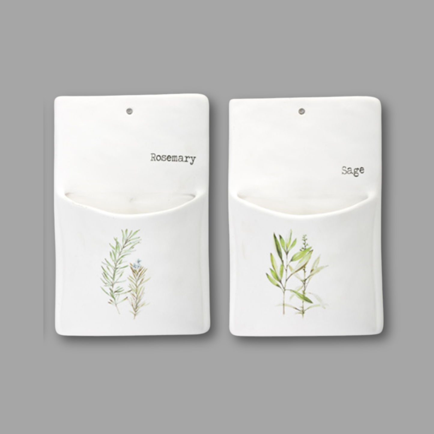 Two white pouches with botanical illustrations and labels for 'Rosemary' and 'Sage' on a gray background.