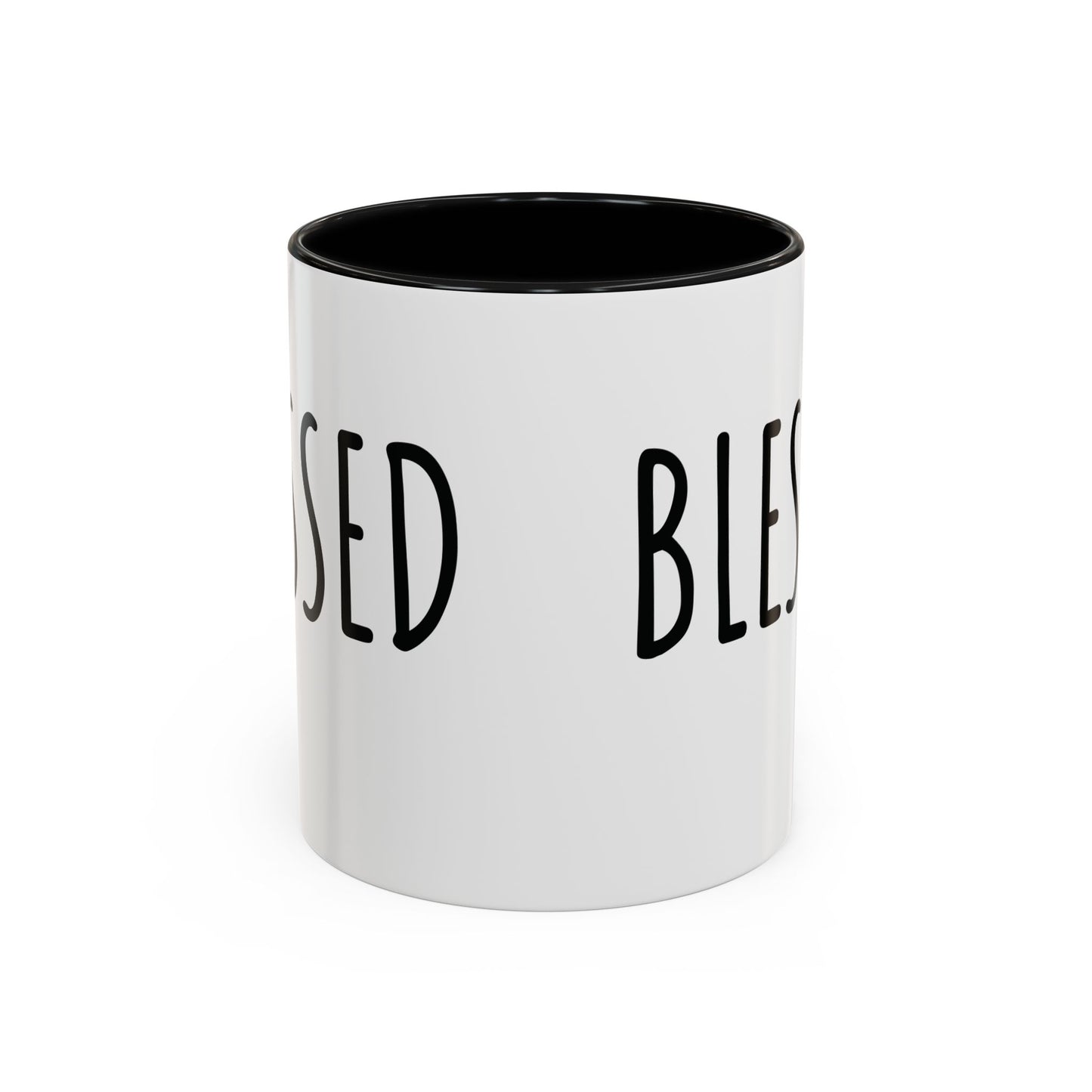 White ceramic Blessed farmhouse mug with black handle, black interior, and bold BLESSED lettering