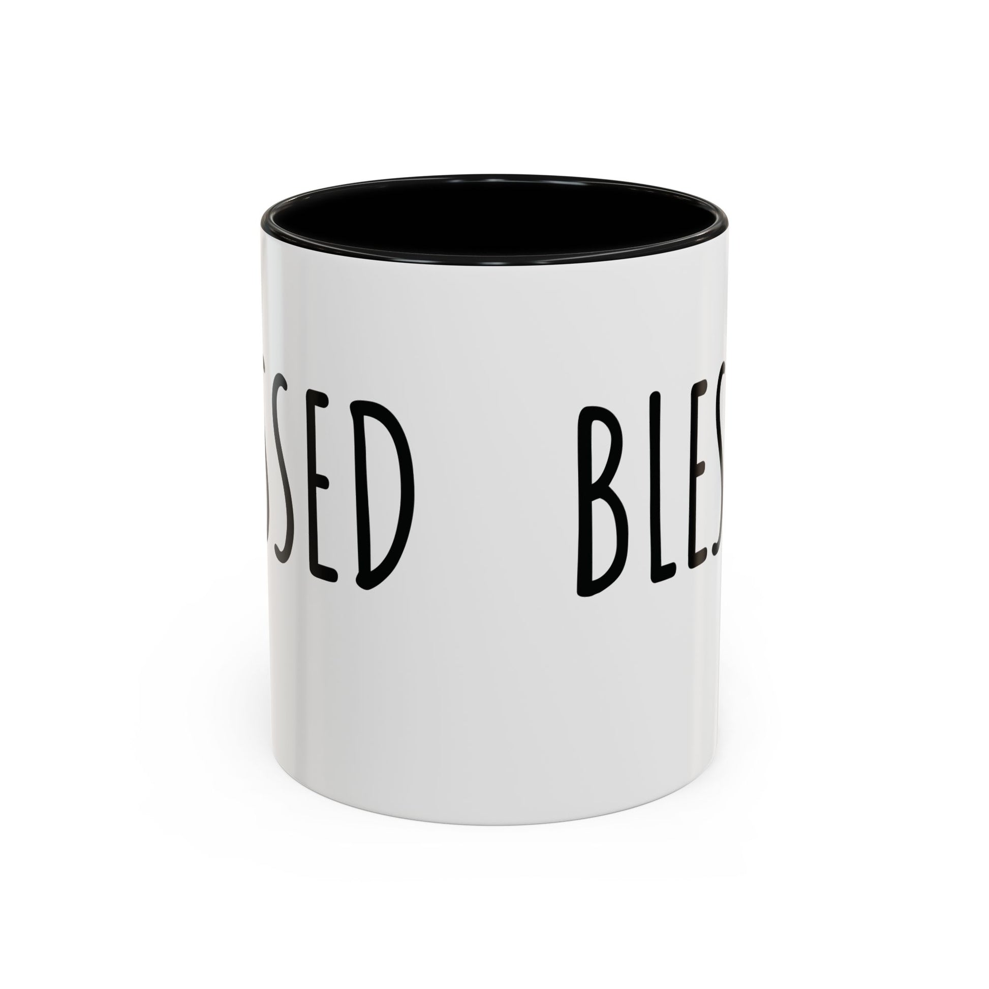 White ceramic Blessed farmhouse mug with black handle, black interior, and bold BLESSED lettering