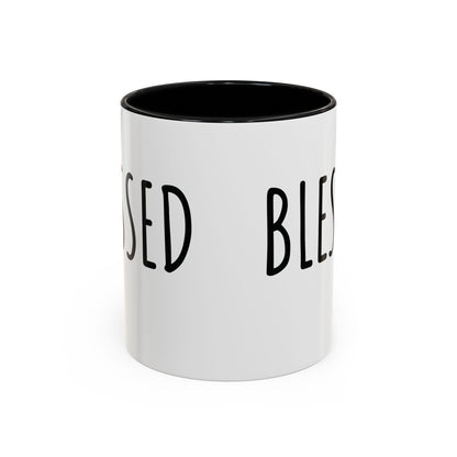 White ceramic Blessed farmhouse mug with black handle, black interior, and bold BLESSED lettering