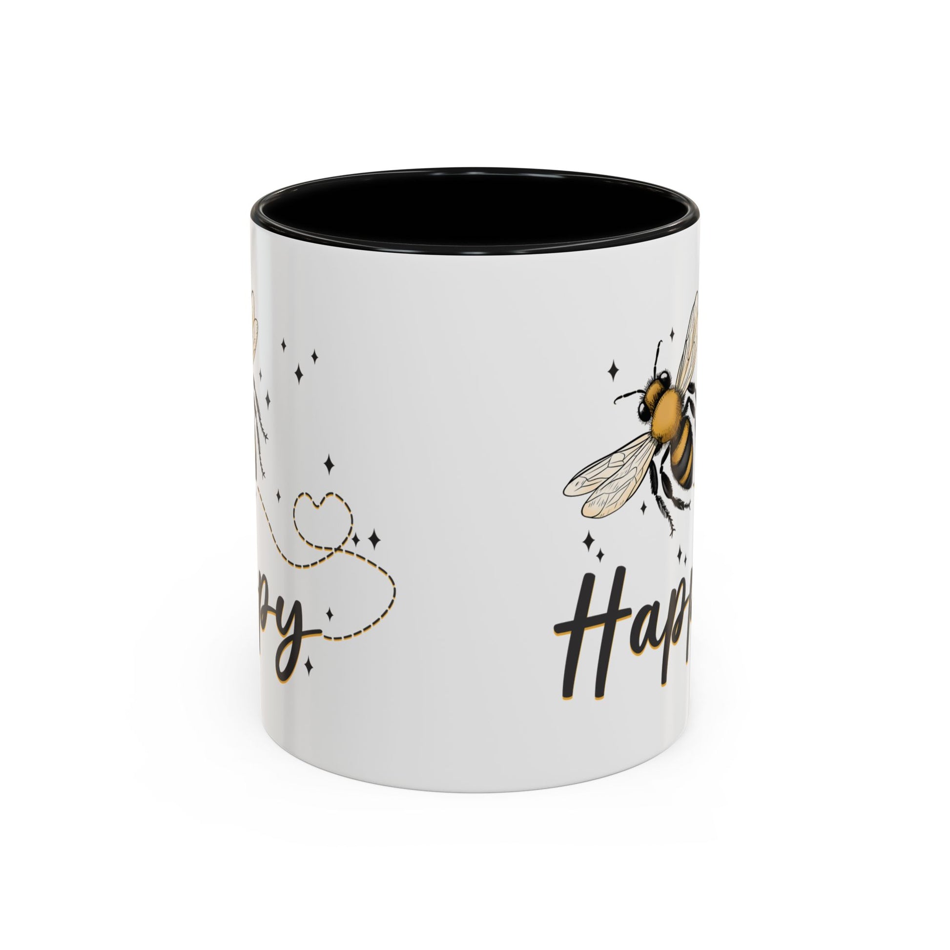 Bee Happy glazed ceramic mug with bee design, soft gold accents, and black handle and inside.