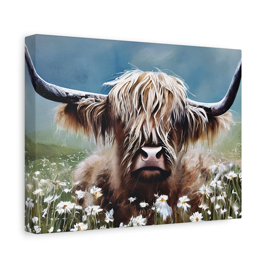 Highland Cow wall decor with watercolor style on artist-grade cotton canvas, showcasing rustic charm and vibrant colors.