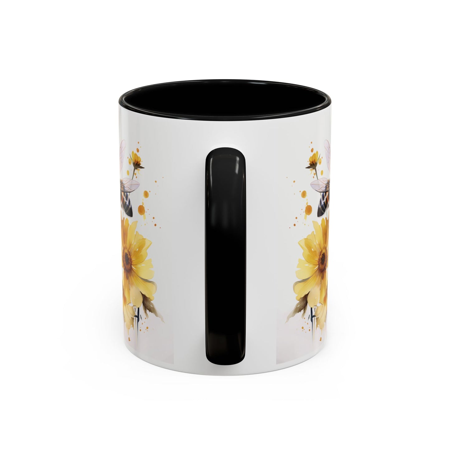 White ceramic mug with black handle and golden bee wildflower watercolor design