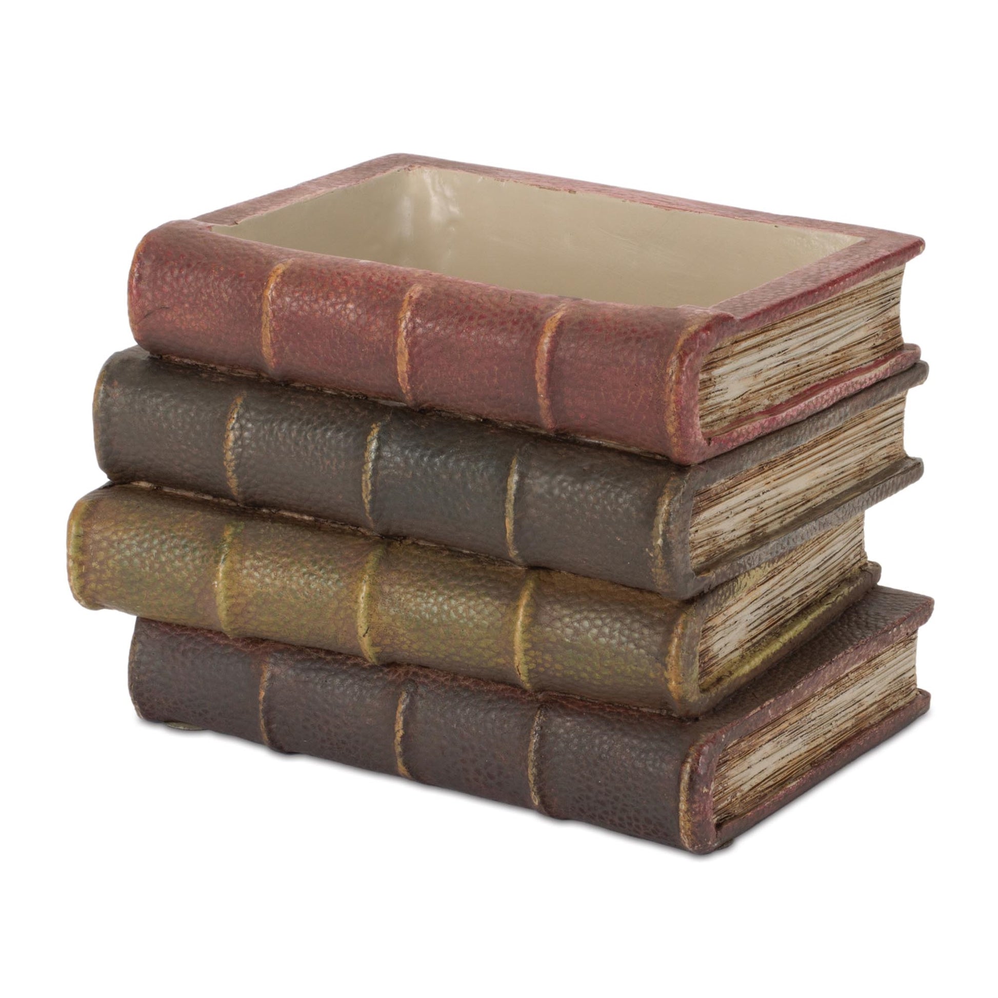 Decorative book stack vase with vintage hardcover book design, textured covers, and page details for cozy bookshelf decor