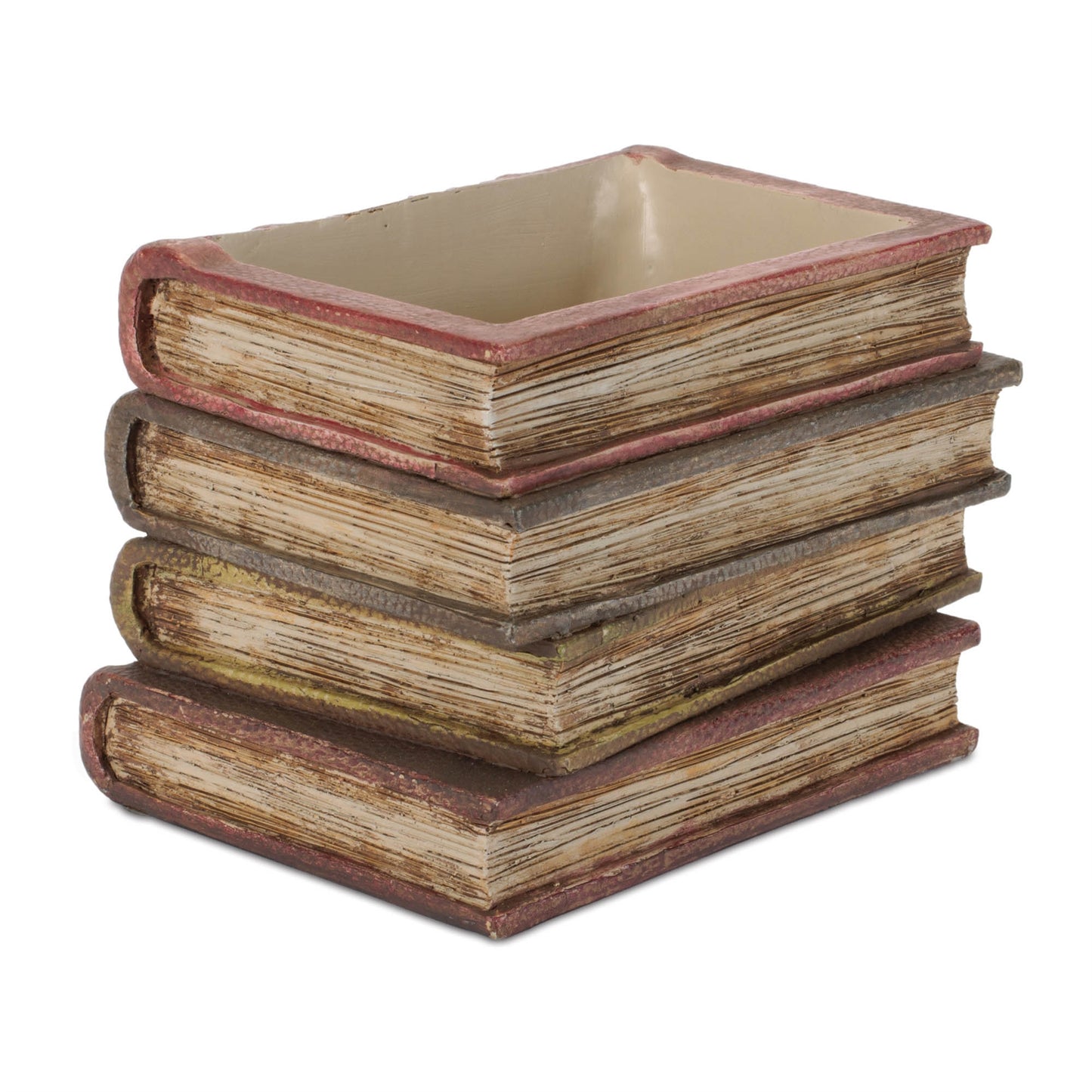 Decorative book stack vase with vintage hardcover book design, textured covers, and page details for cozy bookshelf decor