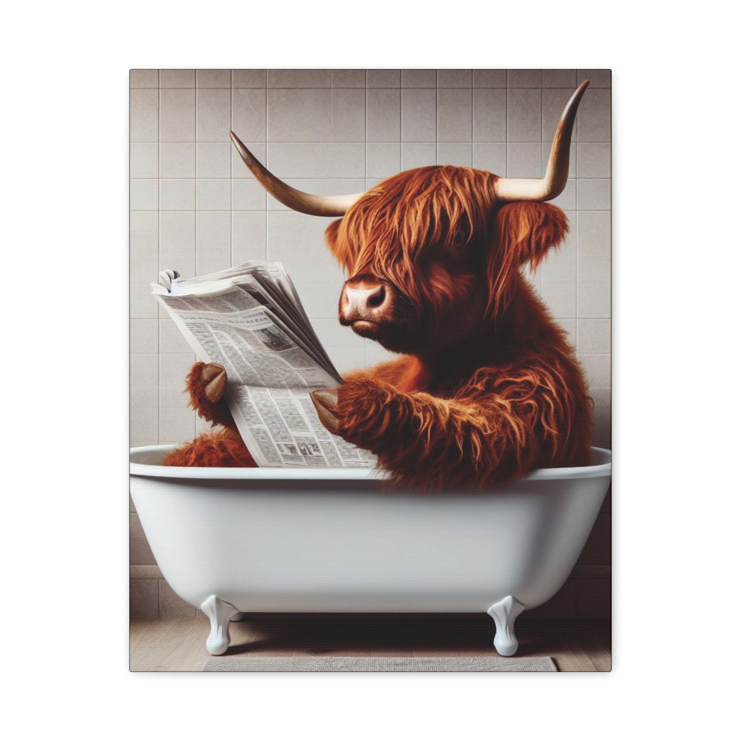 Highland cow in a vintage clawfoot bathtub reading a newspaper, set against a rustic background with a muted color palette.