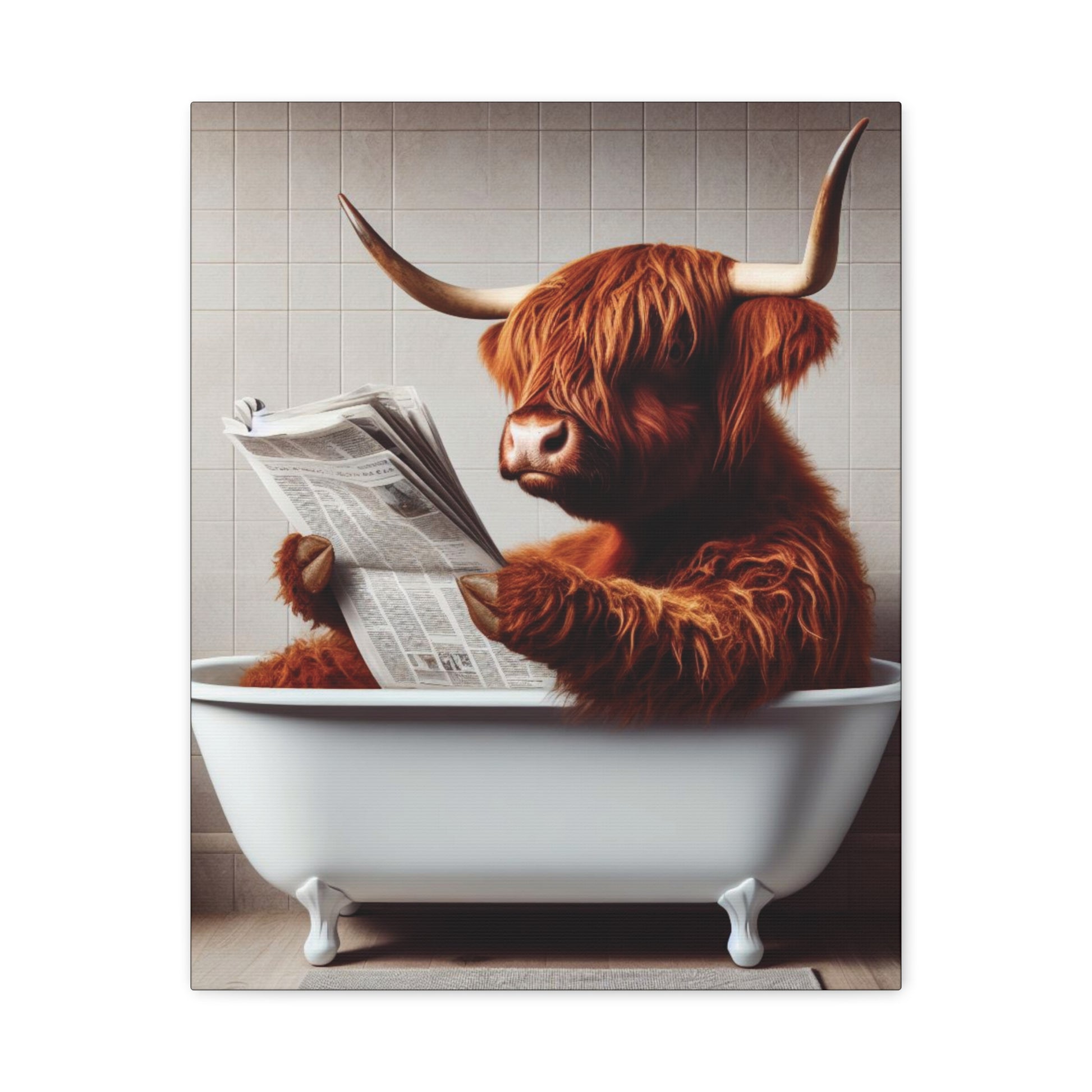 Highland cow in a vintage clawfoot bathtub reading a newspaper, set against a rustic background with a muted color palette.