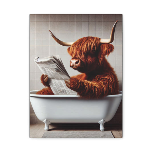 Highland cow in a vintage clawfoot bathtub reading a newspaper, set against a rustic background with a muted color palette.
