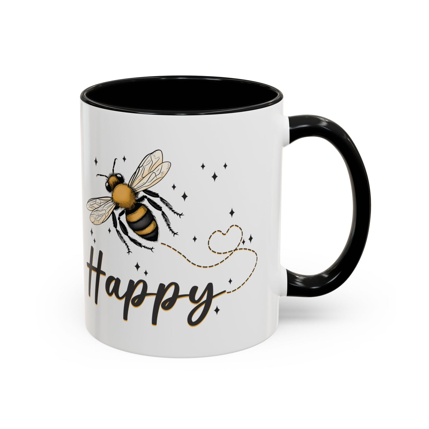 Bee Happy glazed ceramic mug with bee design, soft gold accents, and black handle and inside.
