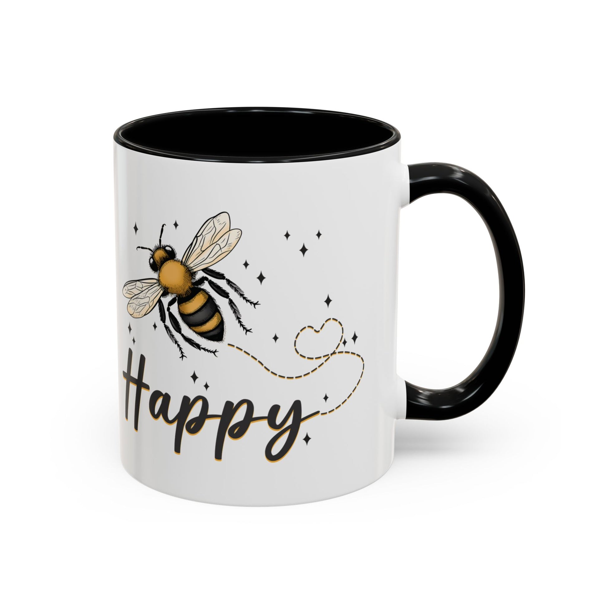 Bee Happy glazed ceramic mug with bee design, soft gold accents, and black handle and inside.