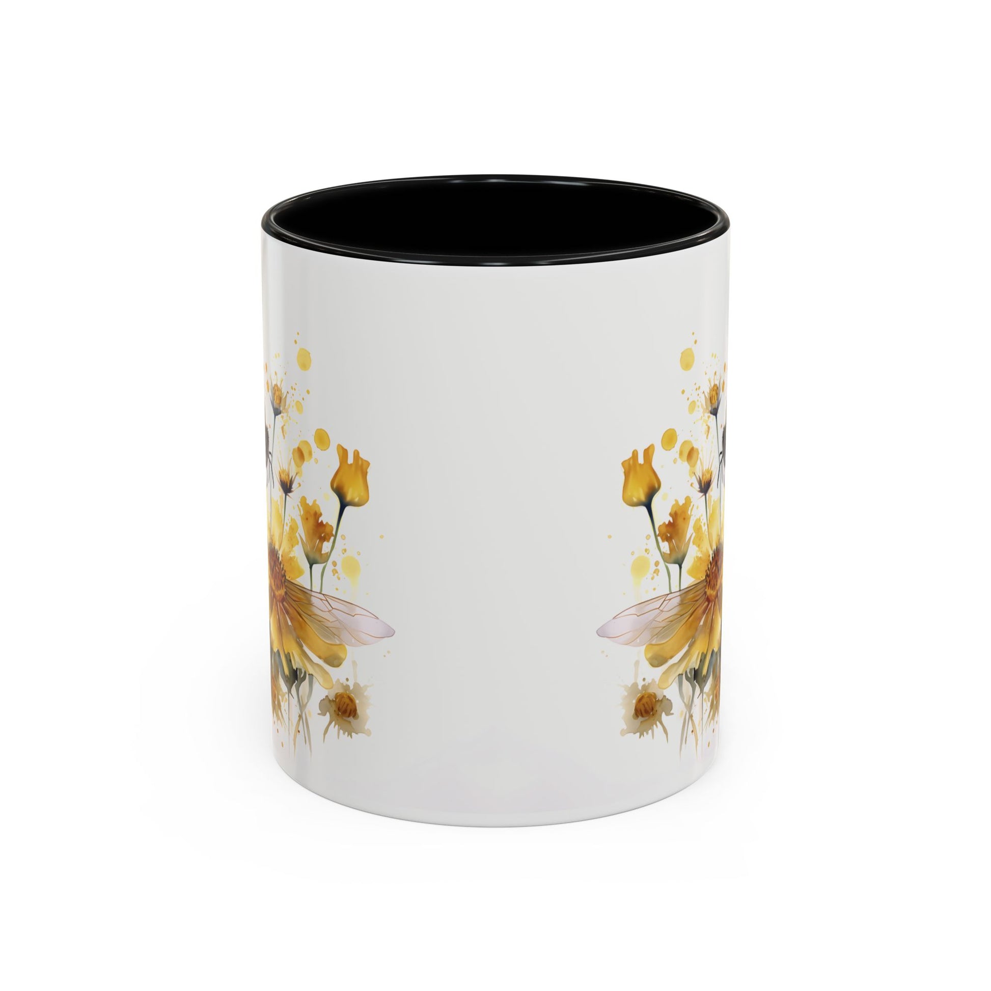 White ceramic mug with black handle and golden bee wildflower watercolor design