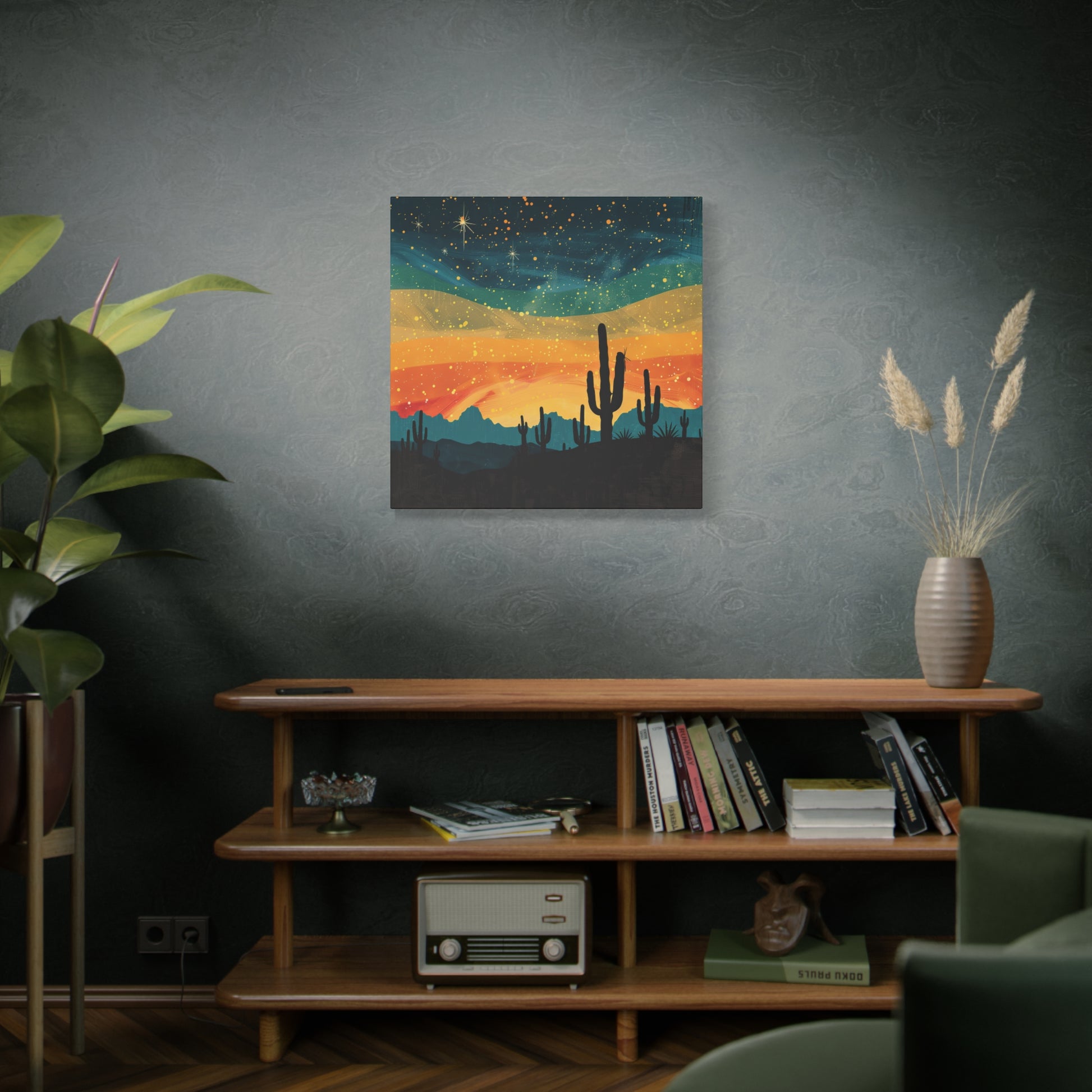 Vintage desert landscape art on matte canvas, featuring Southwest charm, stretched on pine frame with hanging hardware included.