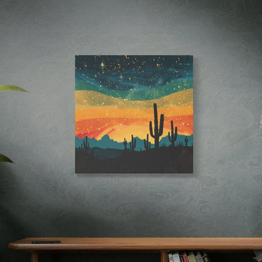 Vintage desert landscape art on matte canvas, featuring Southwest charm, stretched on pine frame with hanging hardware included.