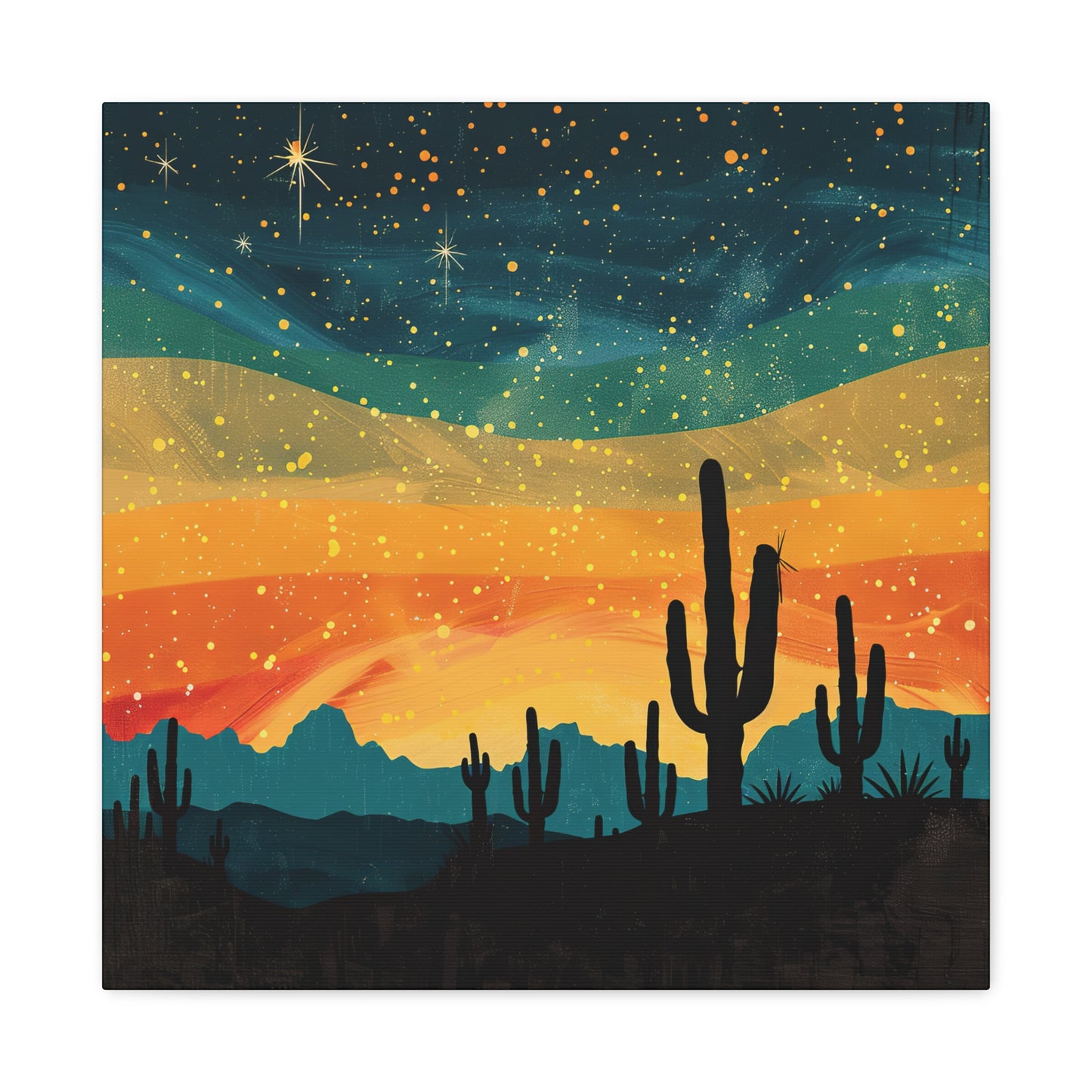 Vintage desert landscape art on matte canvas, featuring Southwest charm, stretched on pine frame with hanging hardware included.