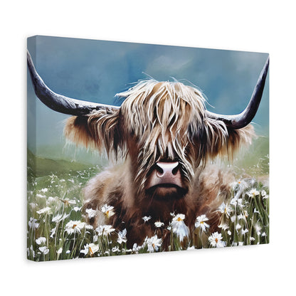 Highland Cow wall decor with watercolor style on artist-grade cotton canvas, showcasing rustic charm and vibrant colors.
