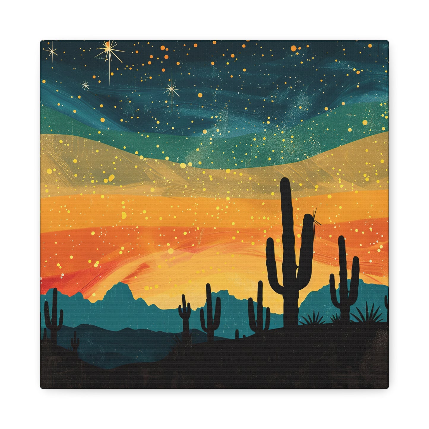 Vintage desert landscape art on matte canvas, featuring Southwest charm, stretched on pine frame with hanging hardware included.