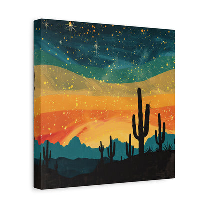 Vintage desert landscape art on matte canvas, featuring Southwest charm, stretched on pine frame with hanging hardware included.